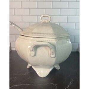 Vintage Peasant Village Italy Soup Tureen w/Lid & Ladle Pearl Luster Pottery PV